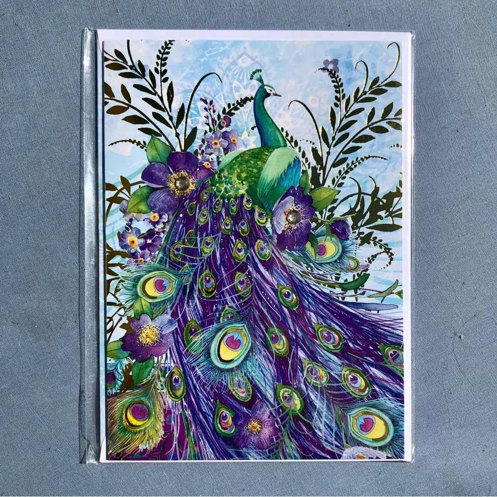 Punch Studio Single Peacock Foil Embellished Blank Card + Env + Seal (16935)